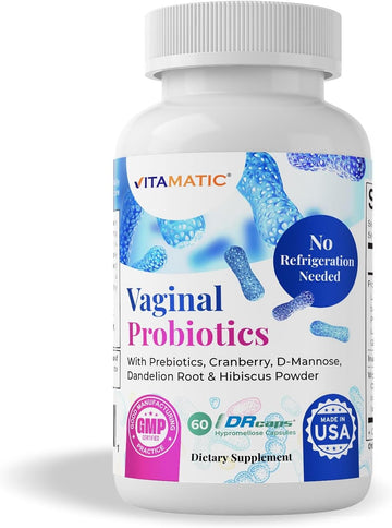 Vitamatic Vaginal Probiotics 20 Billions for Women pH Balance & Odor Control with Prebiotics & Probiotics 60 DR Capsules - Made with Cranberry, D-Mannose, Hibisucs & Dandelion