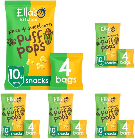 Ella'S Kitchen Organic Peas And Sweetcorn Puff Pops Snacks 10+ Months 4 X 9G (36G) (Pack Of 5)