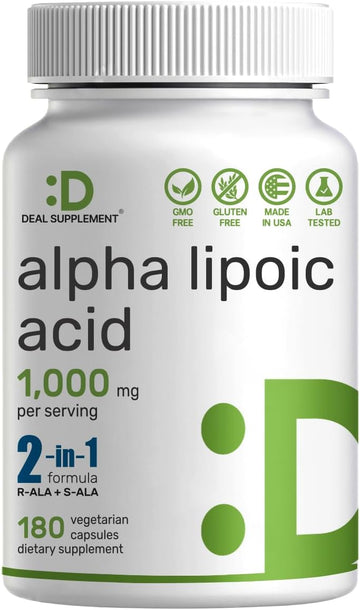 Alpha Lipoic Acid 1,000mg, 180 Veggie Capsules ? 50/50 R-ALA & S-ALA for Max Bioavailability ? Antioxidant Supplement ? Energy & Nervous System Support ? Non-GMO