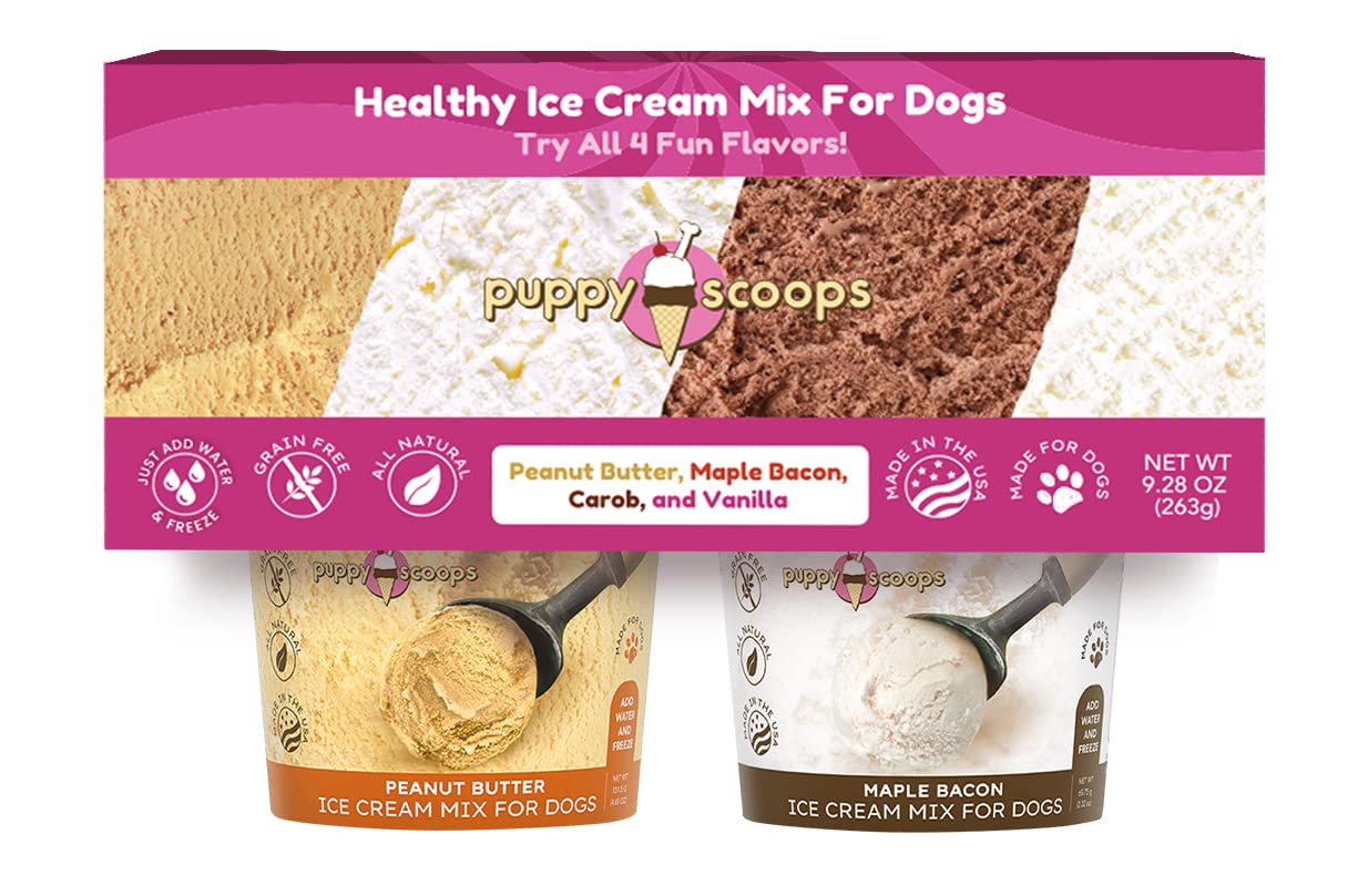 Dog Ice Cream Mix - Just Add Water and Freeze, Doggy Ice Cream Mix Packets, Gifts for Dogs, Variety 4 Pack Puppy Scoops Ice Cream Mix Made in USA