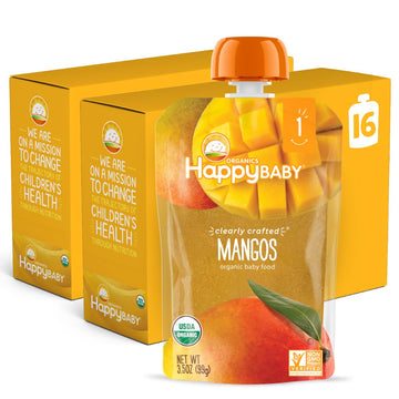Happy Baby Organics Clearly Crafted Stage 1 Baby Food Mangos, Resealable Baby Food Pouches, Fruit & Veggie Puree, Organic Non-Gmo Gluten Free Kosher, 3.5 Ounce Pouch (Pack Of 16)