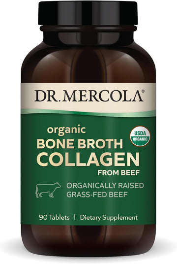 Dr. Mercola Organic Bone Broth Collagen, 30 Servings (90 Tablets), Organically Raised Grass-Fed Beef, Dietary Supplement, Supports Bone and Joint Comfort, USDA Organic, Non-GMO