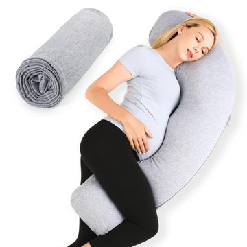 Momcozy J Shaped Pregnancy Pillows With Replacement Cover, Maternity Body Pillow For Pregnancy, Soft Pregnancy Pillow For Head Neck Belly Support, Grey