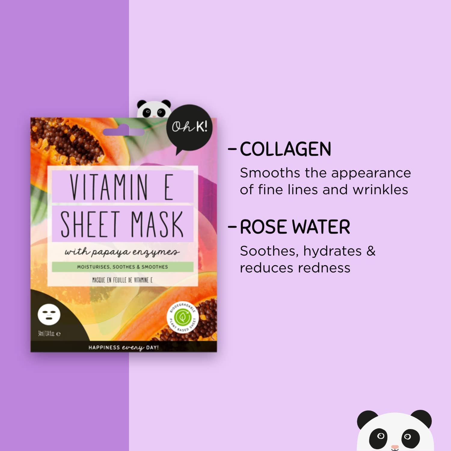 Oh K! Vitamin E Sheet Mask, Plumping Effect, With Collagen, Rose Scented, Vegan and Cruelty Free, 43g (Pack of 2) : Amazon.co.uk: Beauty