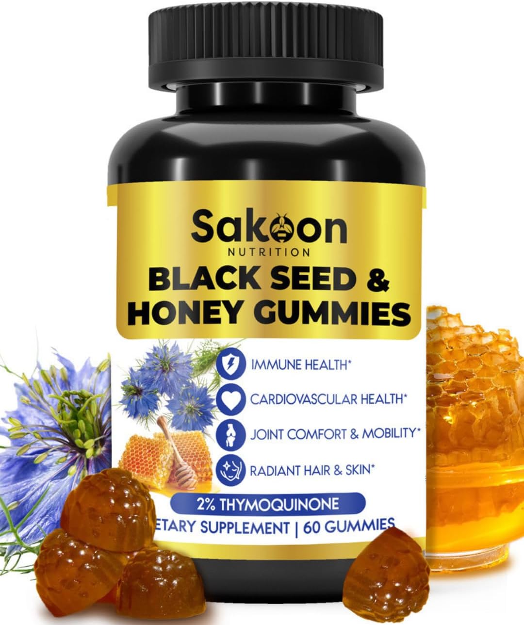 Sakoon nutrition Black Seed Oil & Honey Gummies W/ 2%+ THYMOQUINONE | Nigella Sativa Seeds| Super antioxidant for Immune Support, Joints, Digestion, Hair & Skin | 60 Gummies