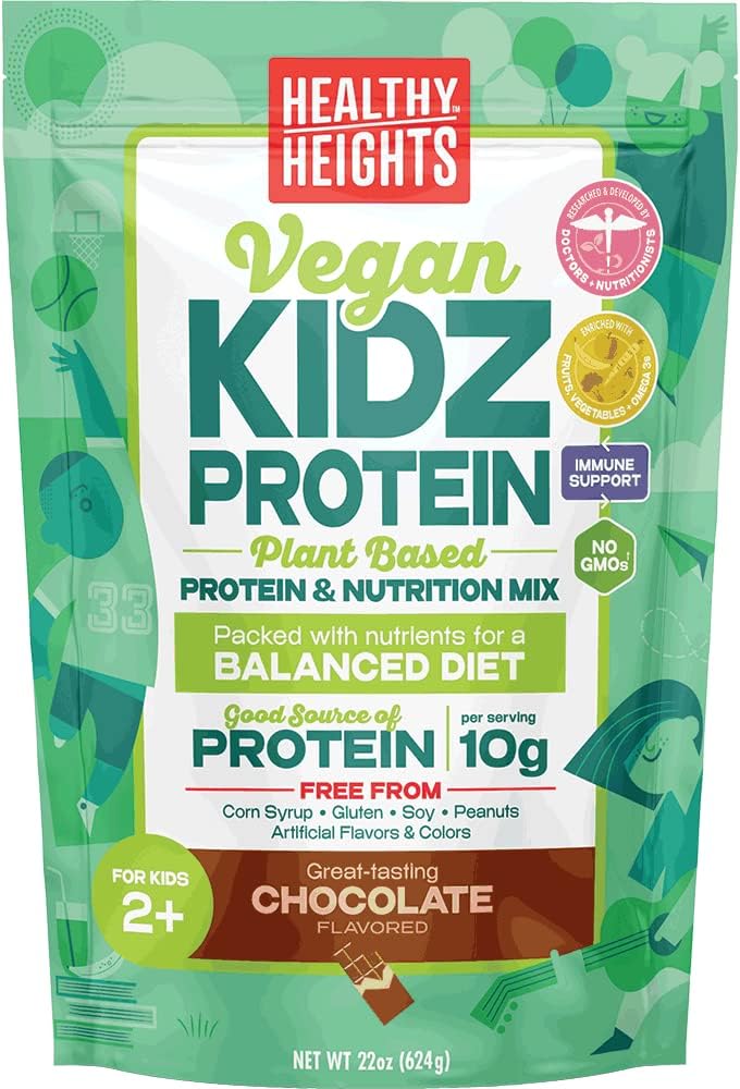 Healthy Height KidzProtein Vegan Shake Mix Bag (Chocolate) Good Protein Nutrition, Key Vitamins & Minerals, No Artificial Flavors, Gluten Free, Soy Free, Peanut Free, No GMOs