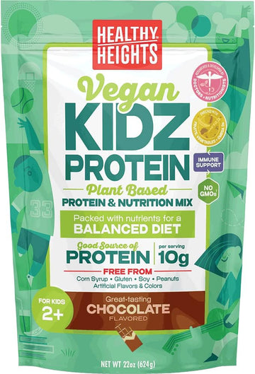 Healthy Height KidzProtein Vegan Shake Mix Bag (Chocolate) Good Protein Nutrition, Key Vitamins & Minerals, No Artificial Flavors, Gluten Free, Soy Free, Peanut Free, No GMOs