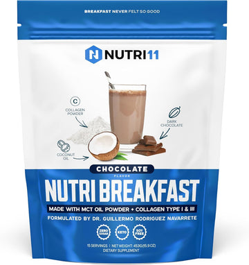 Nutribreakfast By Nutrillermo/Keto Protein Chocolate Collagen Powder With Mct Oil/Mct Oil Powder With Collagen/Keto Collagen Peptides Powder With Grass-Fed Bovine Collagen Type I & Iii-15 Servings