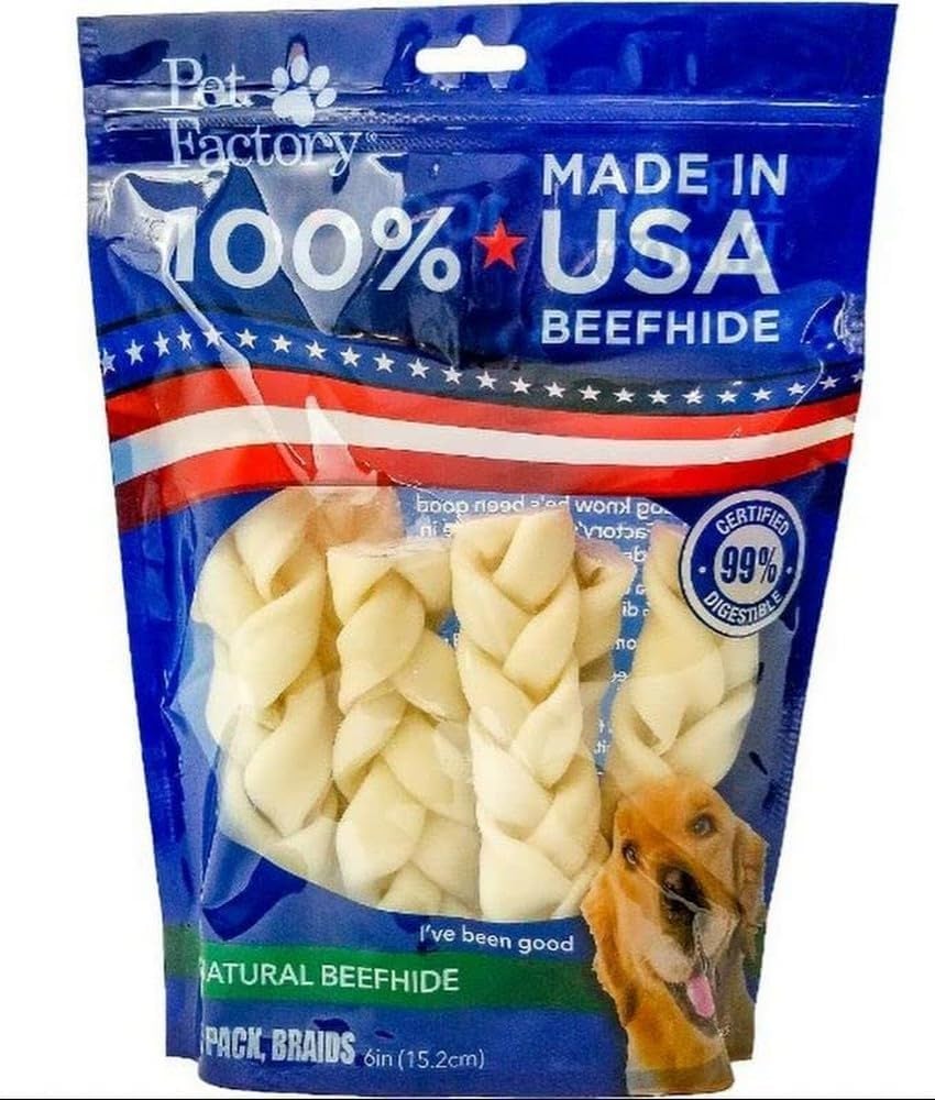 Pet Factory 100% Made In Usa Beefhide 6" Braided Sticks Dog Chew Treats - Natural Flavor, 6 Count/1 Pack