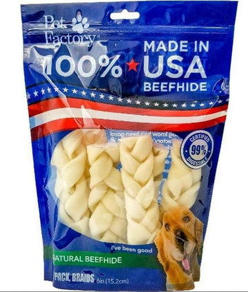 Pet Factory 100% Made In Usa Beefhide 6" Braided Sticks Dog Chew Treats - Natural Flavor, 6 Count/1 Pack