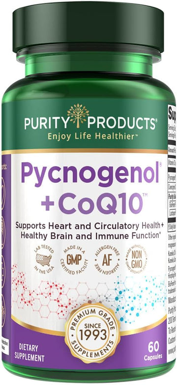 Pycnogenol + Coq10 Super Formula - Purity Products - Usa-Made Kaneka Q10 - Supports Heart + Circulatory Health, Healthy Brain And Immune Function - Helps Maintain Healthy Eyes And Skin - 60 Capsules