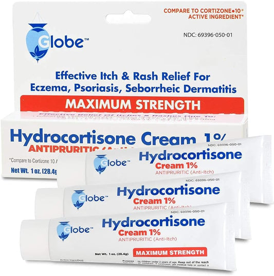 Globe (3 Pack Hydrocortisone Maximum Strength Cream 1%, Anti-Itch Cream For Redness, Swelling, Itching, Rash, Bug/Mosquito Bites, Eczema, Hemorrhoids & More