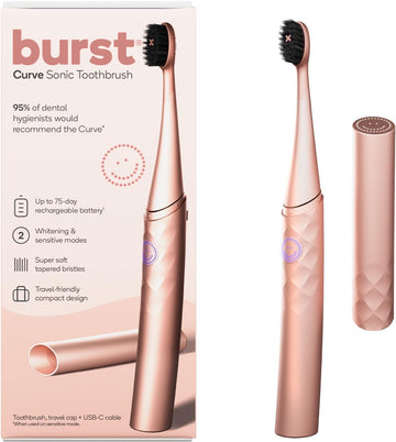 Burst Curve Sonic Electric Toothbrush for Adults – Slim, Curved Travel Toothbrush with Toothbrush Cover - Ultra Soft Bristles - Up to 2 Month Rechargeable Battery, 2 Sonic Modes, Timer - Rose Gold