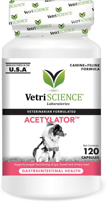 VETRISCIENCE Acetylator Gut Health Supplement for Dogs and Cats, 120 Capsules - Supports Digestive, Bowel, and Urinary Tract Health