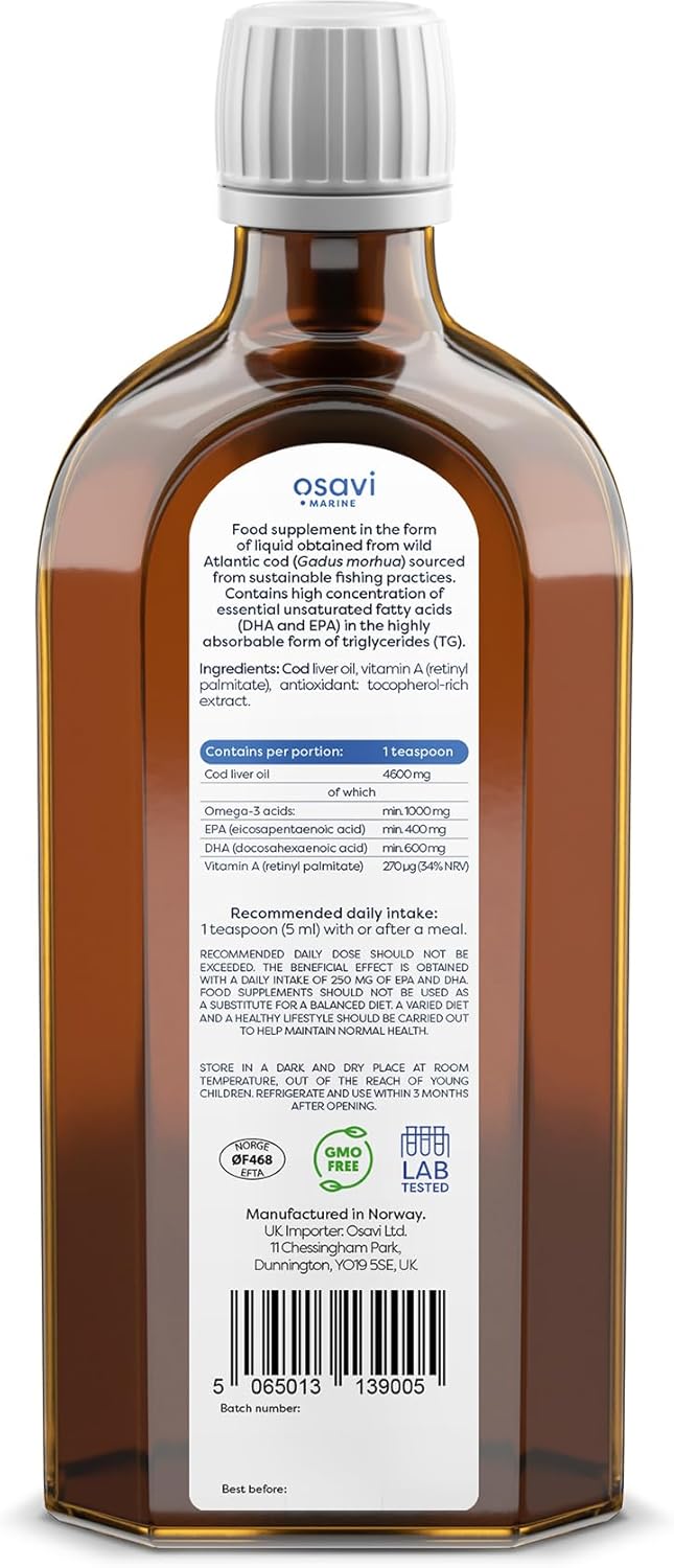 Osavi Norwegian Cod Liver Oil 1000 mg Omega 3 – 250 ml | Unflavoured | DHA & EPA for Brain, Heart & Vision Health | Supports Immune Function | Sourced from Wild Atlantic Cod with Sustainable Practices : Amazon.co.uk: Health & Personal Care