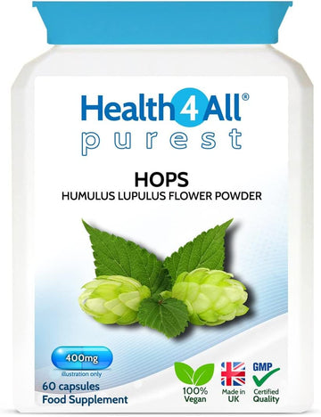 Health4All Hops 400Mg, 60 Capsules 2 Months Supply, Purest Anxiety, Stress And Sleep Supplement, Humulus Lupulus Herbal Vegan Capsules, Hops Flower (Strobiles, Cones) | Made In Uk