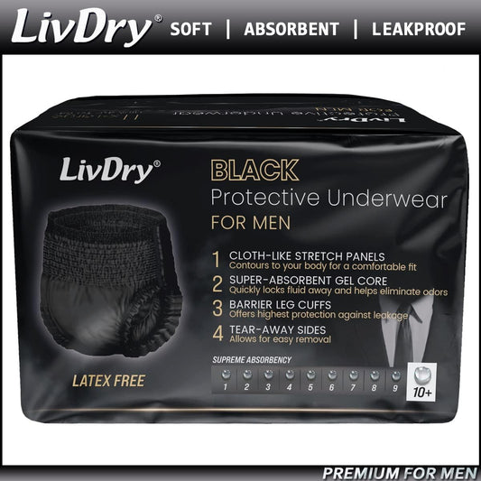 LivDry Adult Incontinence Underwear for Men, Premium Black Series, Ultimate Leak Protection, X-Large 44-Pack