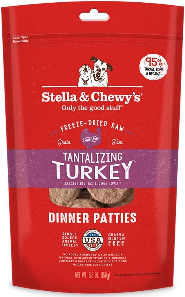 Stella & Chewy's Freeze Dried Raw Dinner Patties – Grain Free Dog Food, Protein Rich Tantalizing Turkey Recipe – 5.5 oz Bag