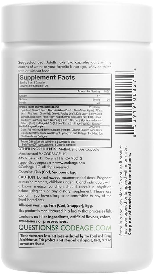 Codeage Multi Collagen Protein + Organic Raw Greens Superfood Capsules Supplement, 21 Fruits & Veggies, Grass-Fed Hydrolyzed Collagen Peptides, 5 Types All-In-One, 180 Count