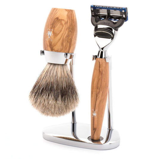 Mühle Kosmo Olive Wood 3-Piece Fine Badger 5-Blade Razor Shaving Set
