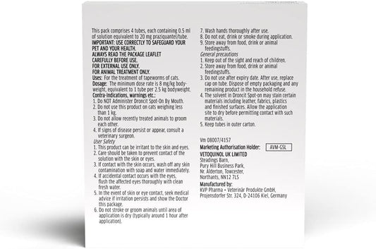 Bayer Droncit Tapewormer 20Mg Spot-On Solution For Cats From 2.5 To 5 Kgs, Pack Of 4 Pipettes