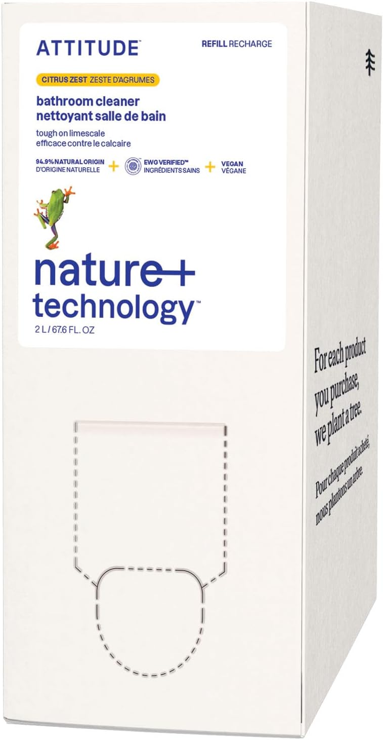 Attitude Bathroom Cleaner, Ewg Verified, Plant- And Mineral-Based Ingredients, Vegan Household Products, Citrus Zest, Bulk Refill, 67.6 Fl Oz