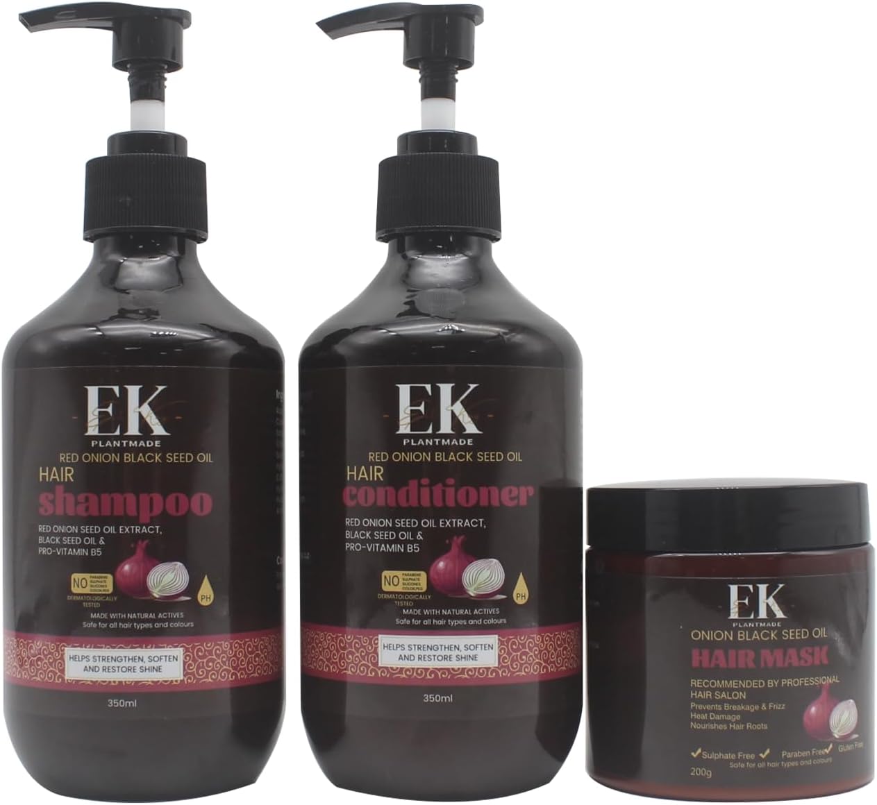 Ek Plantmade Red Onion And Black Seed Oil Shampoo 3 Piece Set - Shampoo (350Ml), Conditioner (350Ml) And Hair Mask (250Ml). Paraben And Sulphate Free. For Dry, Thin And Dandruff Prone Hair