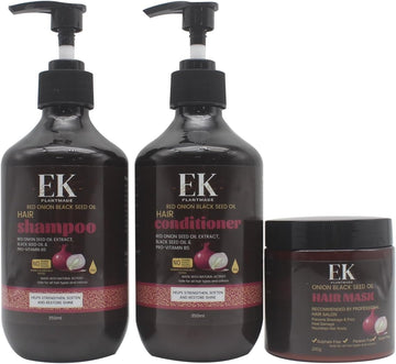 Ek Plantmade Red Onion And Black Seed Oil Shampoo 3 Piece Set - Shampoo (350Ml), Conditioner (350Ml) And Hair Mask (250Ml). Paraben And Sulphate Free. For Dry, Thin And Dandruff Prone Hair