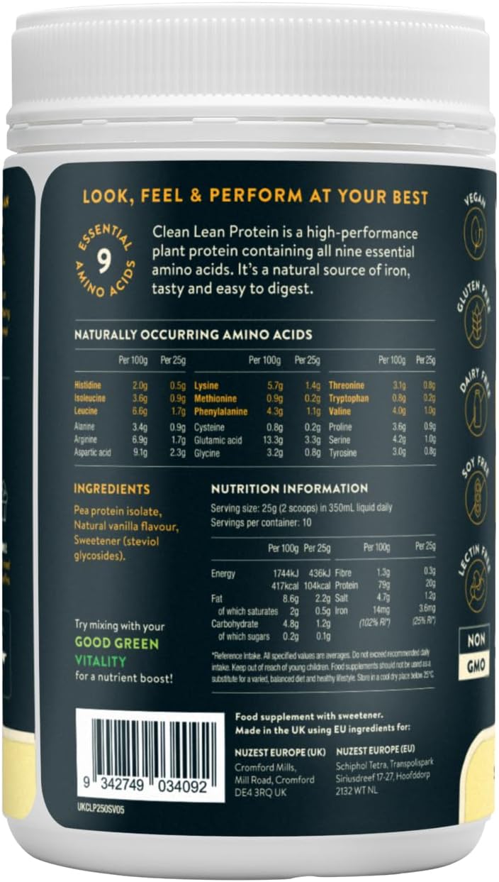 Nuzest - Vegan Pea Protein Powder - Clean Lean Protein Smooth Vanilla - Plant-Based Low Calorie & Low Carb - Gluten Free - Dairy Free - 250g (10 Serving) : Amazon.co.uk: Health & Personal Care