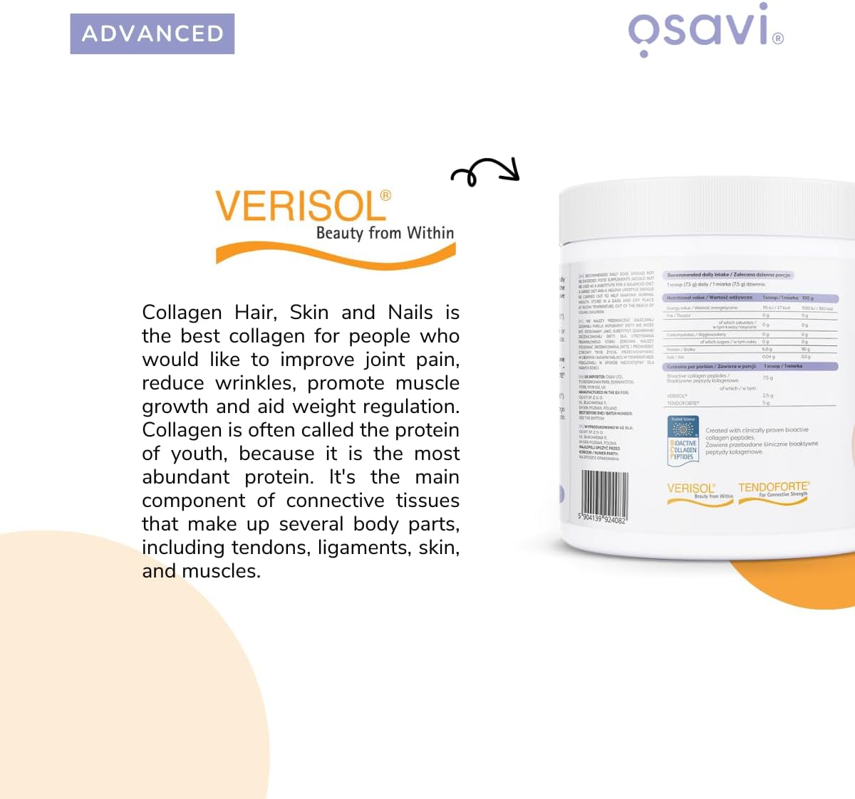 Osavi Collagen Beauty & Sport – 225 g Powder | VERISOL® & TENDOFORTE® for Healthy Hair, Skin, Nails, Tendons & Ligament Strength | Improves Skin Elasticity & Reduces Wrinkles : Amazon.co.uk: Health & Personal Care