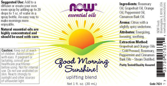 Now Essential Oils, Good Morning Sunshine Aromatherapy Blend, Soothing Aromatherapy Scent, Blend Of Pure Essential Oils, Vegan, Child Resistant Cap, 1-Ounce