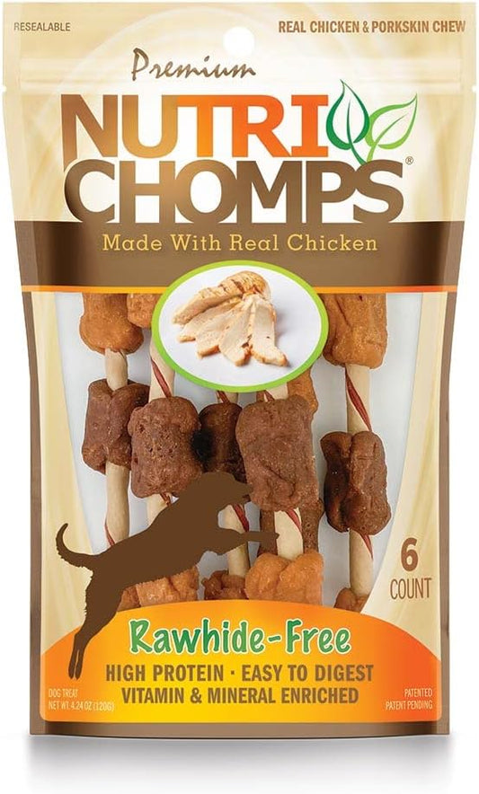 Nutrichomps Dog Chews, 5-Inch Kabobs, Easy To Digest, Rawhide-Free Dog Treats, 6 Count, Real Chicken And Porkskin Chew Flavor , Bundle Of 4, Brown, 24 Count (Nt094V-4)