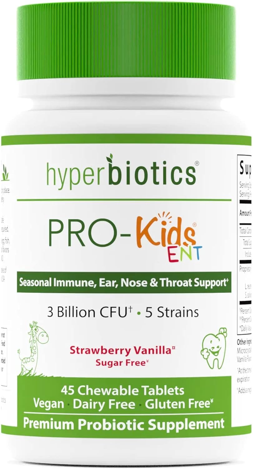 Hyperbiotics ENT Probiotic for Kids | Vegan Kids Probiotic for Ears, Nose & Throat | Strawberry Vanilla Flavored Chewable Probiotic | Digestive Health & Immune Support | Sugar Free | 45 Count