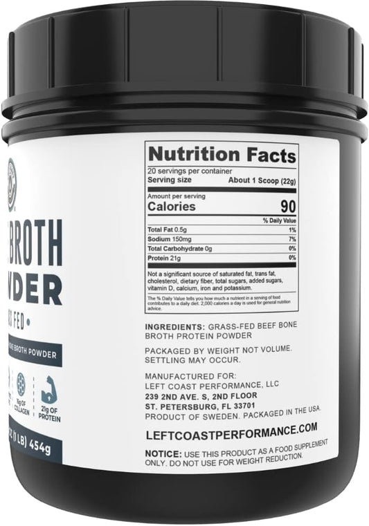 16oz Bone Broth Protein Powder From Grass Fed Beef - Unflavored, Single Ingredient - Rich in Collagen, Glucosamine, Gelatin, Paleo Protein Powder, Gut-Friendly, Non-GMO Ingredients, Dairy-Free Protein