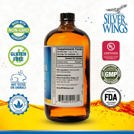 Natural Path Silver Wings Colloidal Silver Liquid - Natural Dietary Supplement For Immune Support - High Strength, Pure Amber Colored Formula - 250Ppm (1250Mcg) - 16Oz