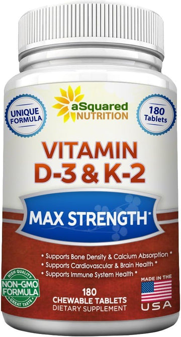 aSquared Nutrition Vitamin D3 with K2 Supplement-180 Chewable Tablets, Max Strength D-3 Cholecalciferol & K-2 MK7 to Support Healthy Bones, Teeth, Heart -Antioxidant D3 & K2 MK-7 Energy Formula Adults