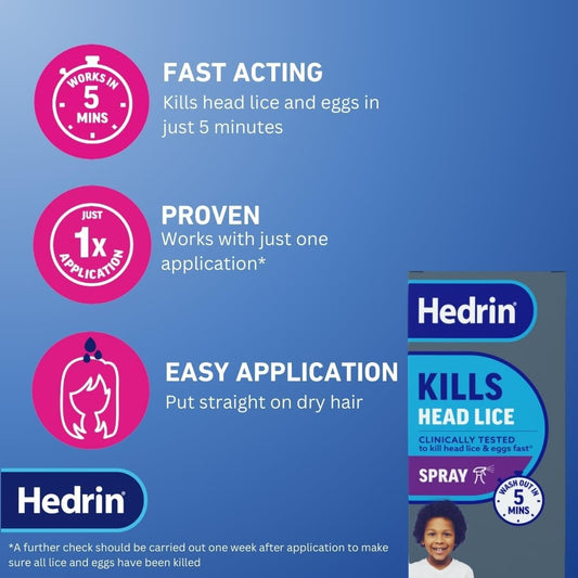 Hedrin Once Spray Gel, Fast, No Fuss Lice & Nit Treatment, Kills Head Lice & Eggs In 5 Minutes, Clinically Tested, Suitable For Adults & Children, 1 X 100Ml (4 X 25Ml Treatments)