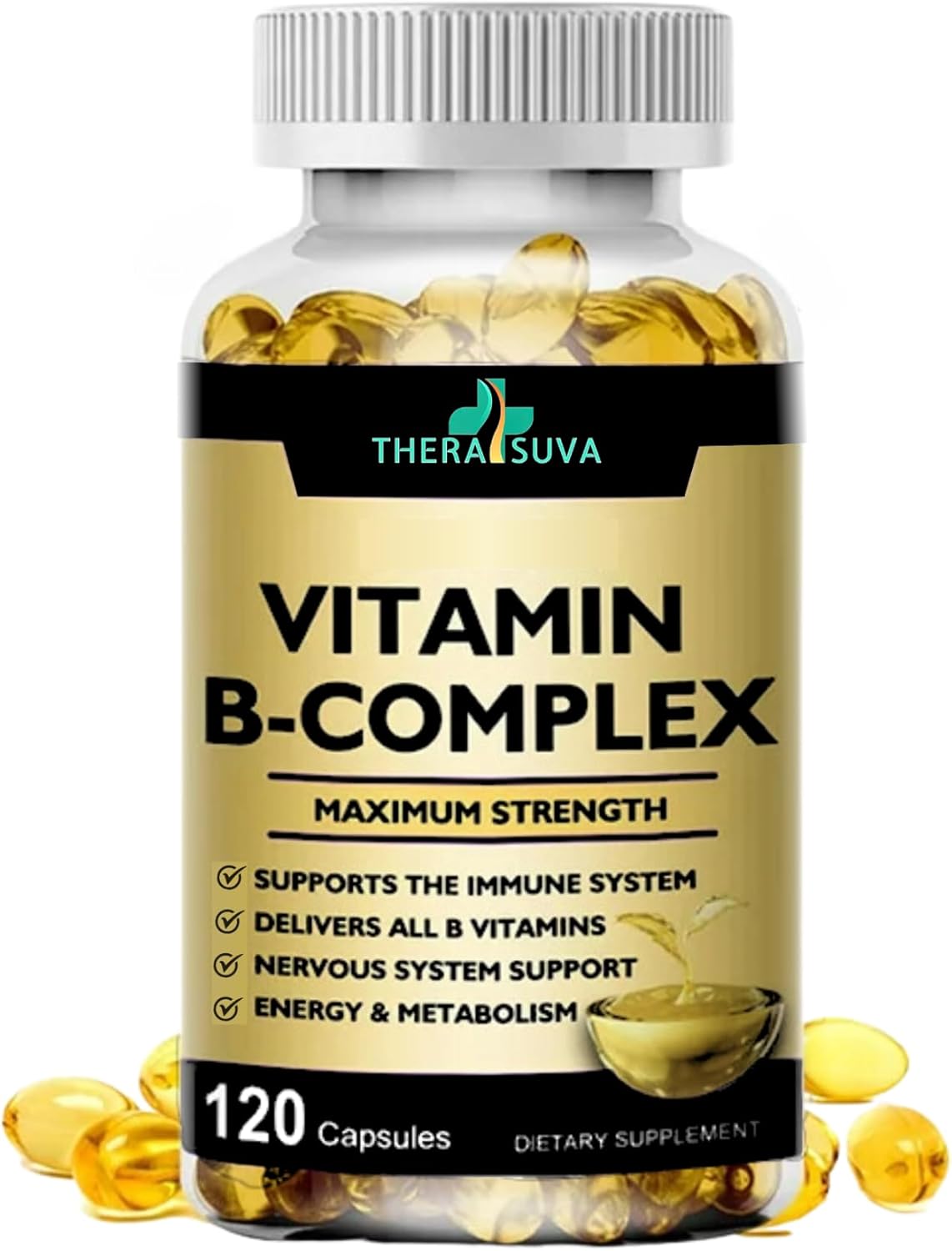 Max Strength Vitamin B-Complex + Coq10 + Vitamin C - Natural Supplement For Energy, Metabolism Support, 120 Softgels, 60 Day Supply