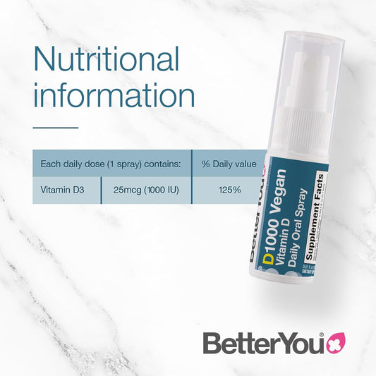 Betteryou D1000 Vegan Vitamin D Oral Spray - Convenient Alternative For Tablets - Plant-Origin - Promotes Strong Bones, Teeth And Immune System - Aid In Calcium Absorption - 100 Daily Doses - 0.5 Oz