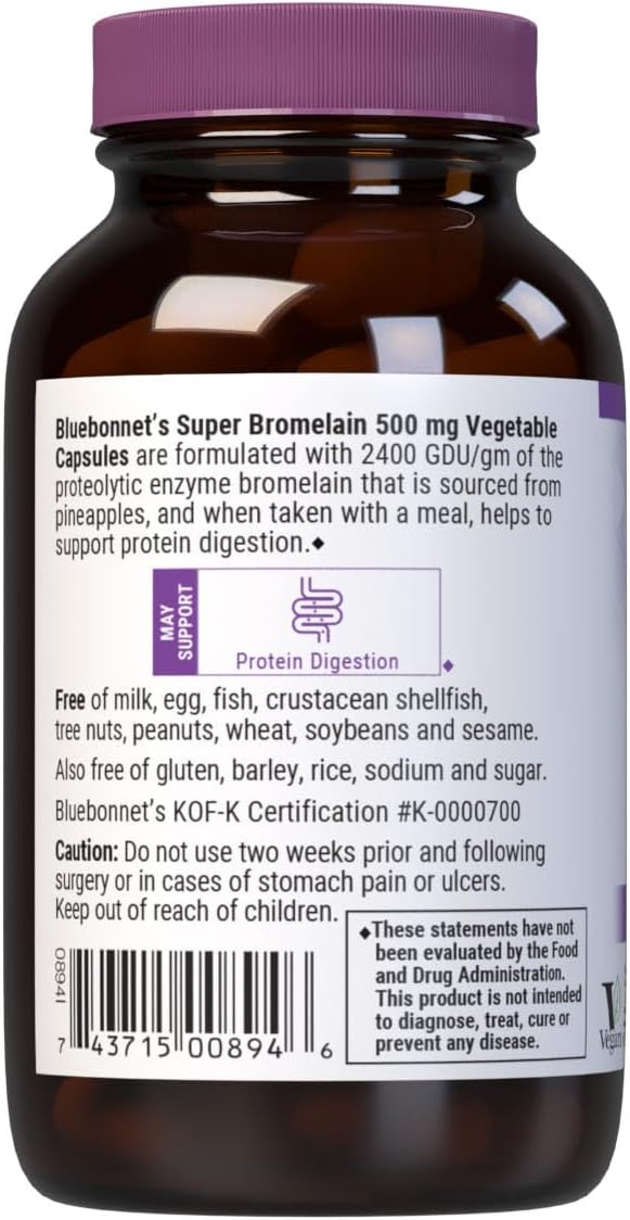 Bluebonnet Super Bromelain Vegetarian Capsules, 500 Mg, 60 Count : Health & Household