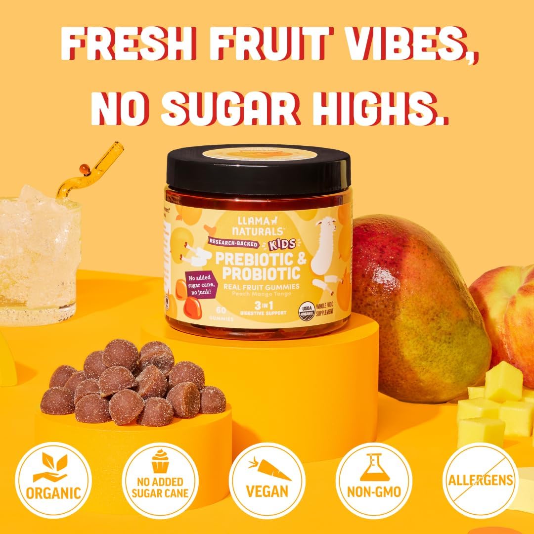 Llama Naturals Kids Probiotic With Prebiotic Fiber, Vegan, Organic Prebiotics And Probiotics Gummies For Gut Health Support, Toddler Real Fruit Gummy Vitamins, No Added Sugar Cane, Peach Mango, 60 Ct