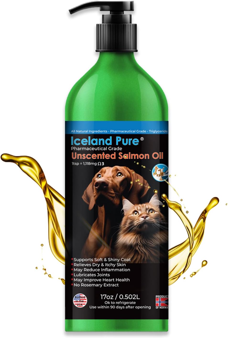 Salmon Oil | Unscented Pharmaceutical Grade | 1118mg of Omega-3 per teaspoon | Liquid Food Supplement For Dogs and Cats | BPA-Free Brushed Aluminum Epoxy coated Bottle with Pump 17oz