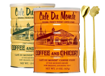 Cafe Du Monde Ground Original French Chocolate-like Coffee and Decaffeinated Coffee and Chicory Combination Set 2 PACKS with 2 Inspirational Industry Stainless Steel Mixing Stirring Spoon