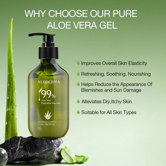 Aloderma 99% Organic Aloe Vera Gel Made within 12 Hours of Harvest - Lightweight, Non-Sticky Aloe Gel for Face and Body, Sunburn Relief, Natural, Soothing Hydrating Aloe Vera for Scalp & Hair, 10.6oz