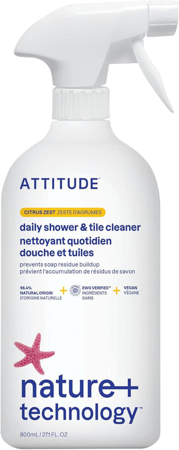 ATTITUDE Daily Shower and Tile Cleaner, EWG Verified, Plant- and Mineral-Based Ingredients, Vegan and Cruelty-free Household Cleaning Products, Citrus Zest, 27.1 Fl Oz