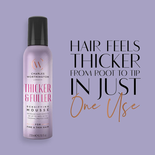 Charles Worthington Thicker And Fuller Densifying Mousse, Hair Thickening Products, Salon Volumising Mousse For Fine Hair, 200 Ml