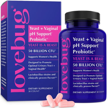 Lovebug Yeast + Vaginal Ph Support | Clinically Studied Ingredients For Yeast & Utis | Multi Strain 50 Billion Cfu | 60 Capsules
