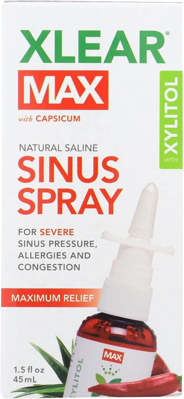 Xlear MAX Saline Nasal Spray, Natural Formula with Xylitol, Capsicum and Aloe, Nasal Decongestant for Sinus Pressure, Headache, Dry Nose for Kids and Adults, 1.5 fl oz (Pack of 1)