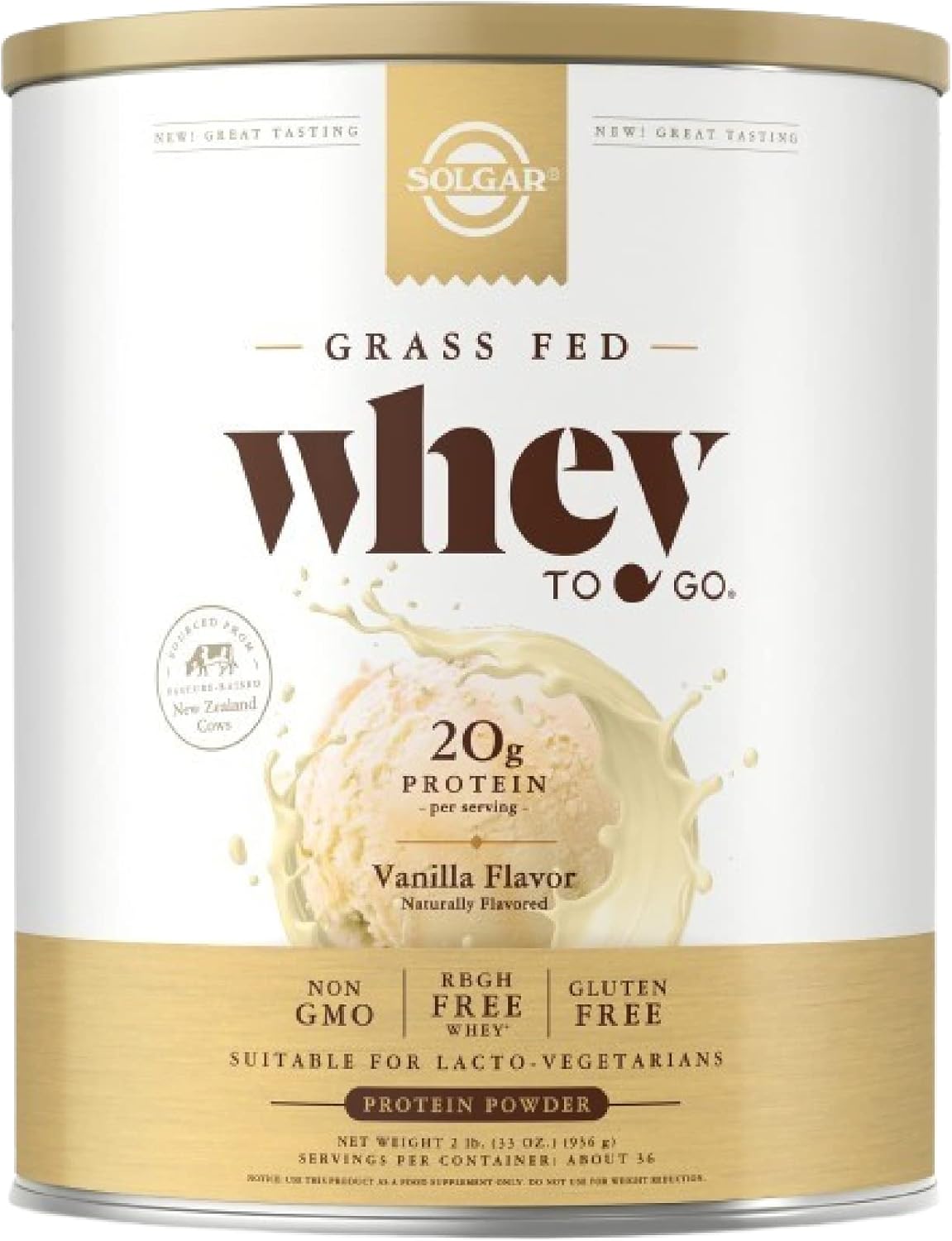 Solgar Whey To Go Whey Protein Powder, Vanilla - 3 - Grass-Fed Protein With L-Glutamine & Bcaas - Rbgh Free, Gluten Free & Non-Gmo - 36 Servings