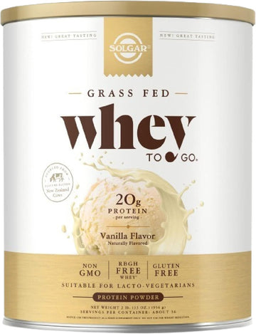 Solgar Whey To Go Whey Protein Powder, Vanilla - 3 - Grass-Fed Protein with L-Glutamine & BCAAs - rBGH Free, Gluten Free & Non-GMO - 36 Servings